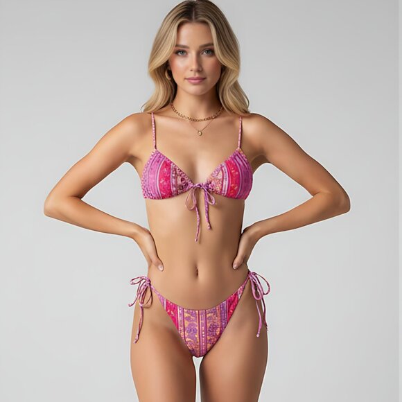 Pink Boho Side Tie Bikini Bathing Suit - Picture 2 of 10